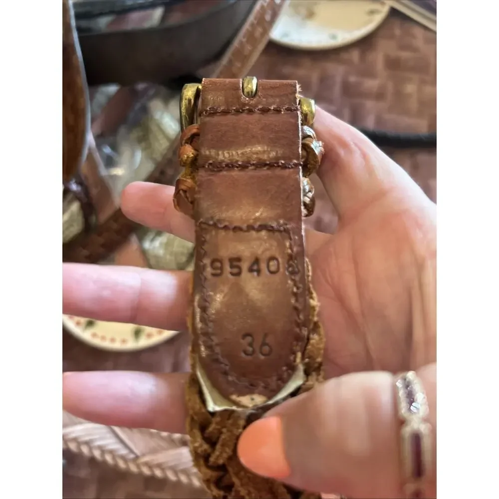 Vtg Mens Braided Belt Brown Variegated Leather Solid Brass Buckle Casual Sz 36